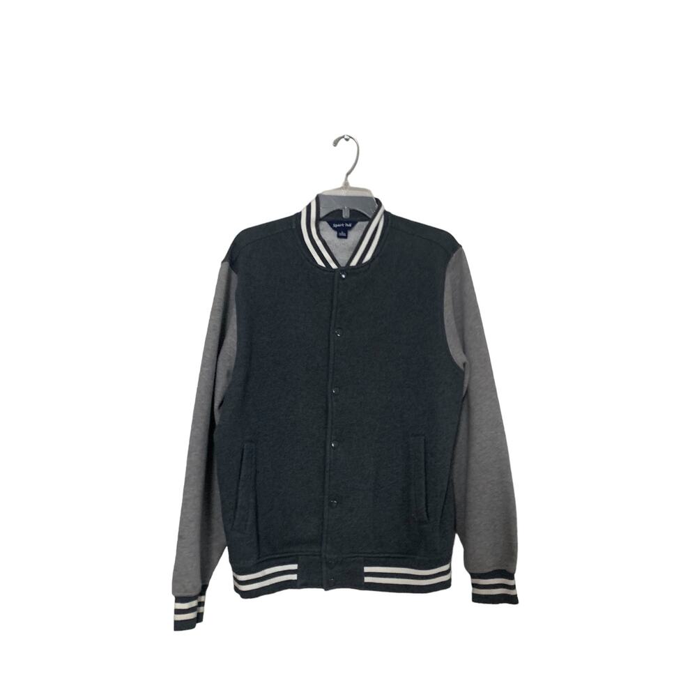 Sport Tek Men’s Letterman Jacket Size Medium Button up Dark Gray Light Gray